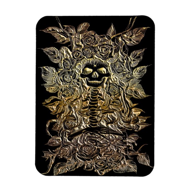 Skelett mit Rose Blume Goldkunst Magnet (Vertikal)