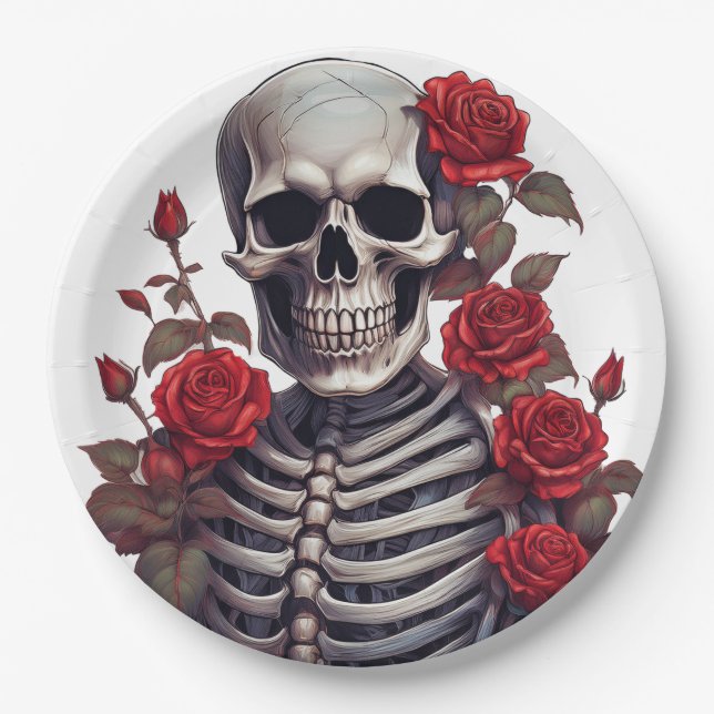 Skelett mit Rote Rosen Pappteller (Vorderseite)