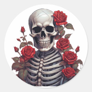 Skelett mit Rote Rosen Runder Aufkleber