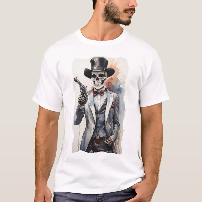 Skelett mit Smoking mit Revolver T-Shirt (Vorderseite)