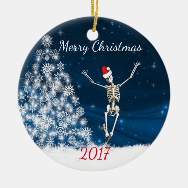 Skelett mit Weihnachtsmannmütze "Christmas 20xx" Keramikornament (Vorne)