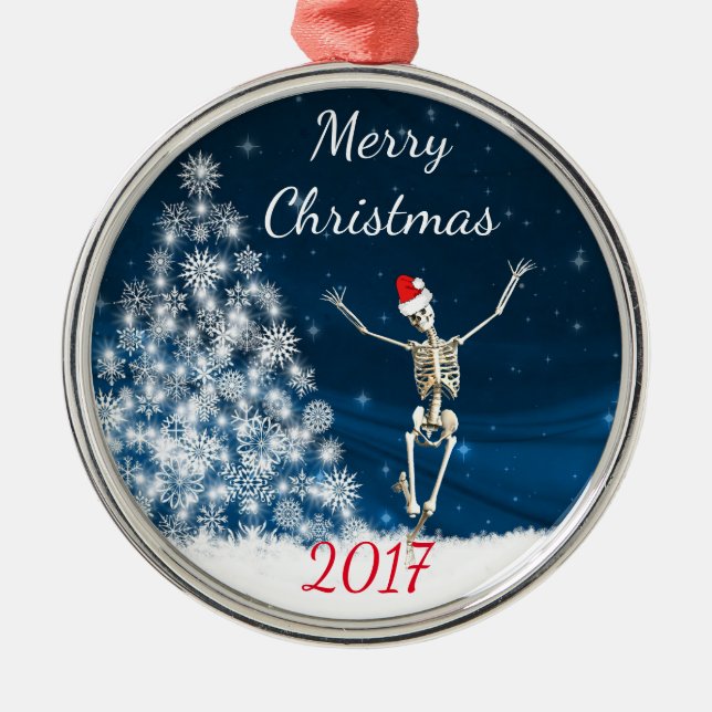 Skelett mit Weihnachtsmannmütze "Weihnachten 20xx Silbernes Ornament (Vorne)