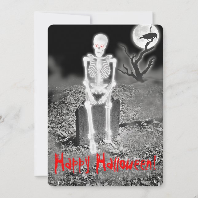 Skelett on Gravestone Halloween-Party Einladung (Vorderseite)