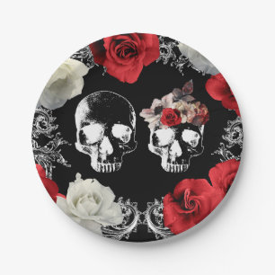 Skelett-Schädel Rote Weiße Rosen Gothic-Hochzeit   Pappteller