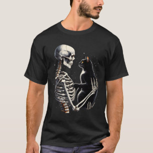 Skelett spielt mit einer Katze Grafik Schädel Katz T-Shirt
