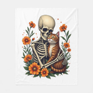 Skelett umarmende Katze Florales Halloween Katzenl Fleecedecke