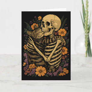 Skelett umarmende Katze Florales Halloween Katzenl Karte