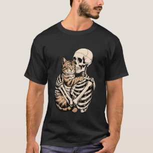 Skelett umarmende Katze Halloween Lustige Katzenli T-Shirt
