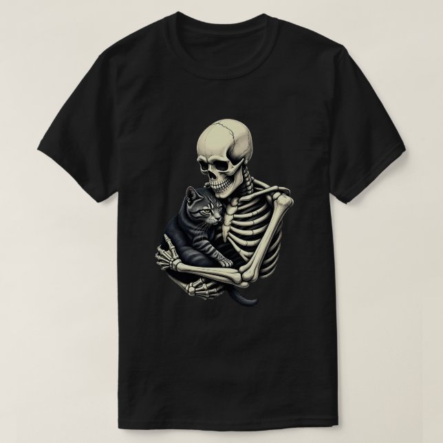 Skelett umarmende Katze Lustige Halloween-Katze Li T-Shirt (Design vorne)