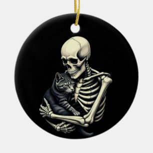 Skelett umarmende Katze Lustige Halloween-Katzenli Keramik Ornament
