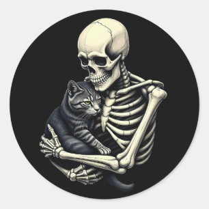 Skelett umarmende Katze Lustiger Halloween Katzenl Runder Aufkleber