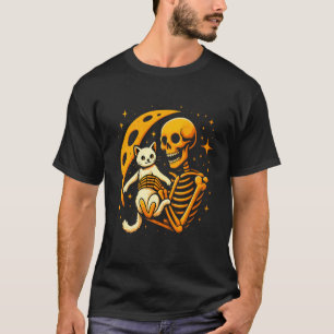 Skelett umarmende Katze Mond Nacht Lustig Süße Hal T-Shirt