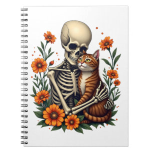 Skelett umarmende Katzen-Blumen-Halloween-Katzenli Notizblock