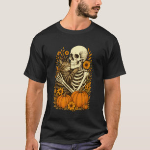 Skelett umarmende Katzen-Blumen-Halloween-Katzenli T-Shirt