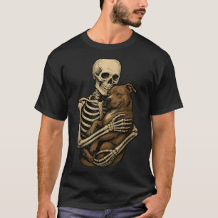 Skelett umarmt Pittie-Hund Pit Bull lustig T-Shirt