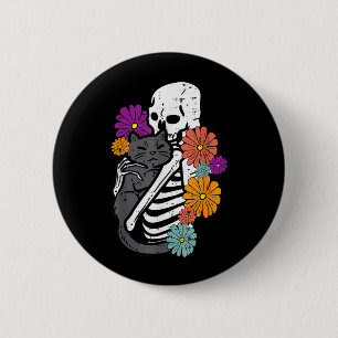 Skelett umarmt schwarze Katzen Blumen Halloween Fr Button