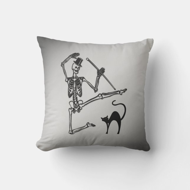 Skelett und Black Cat Dance Halloween Kissen (Vorderseite)