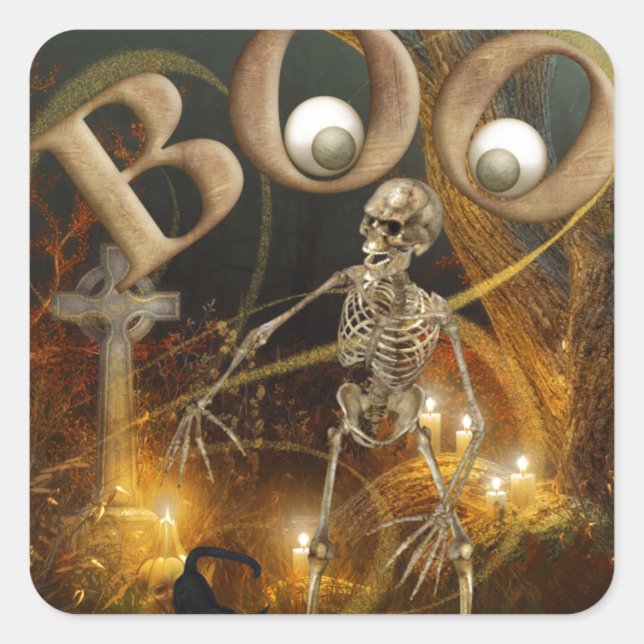 Skelett und Grave Halloween Quadratischer Aufkleber (Vorderseite)