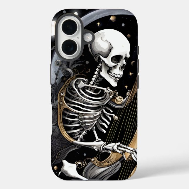 Skelett und Harfe I iPhone 16 Hülle (Rückseite)