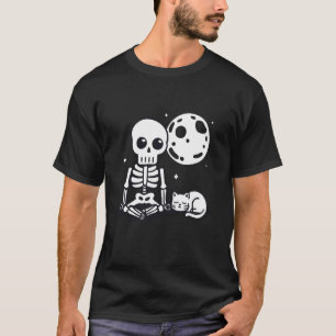 Skelett und Katze mit Vollmond Halloween T-Shirt