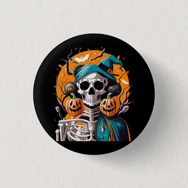 Skelett und Kürbis Button (Vorderseite)