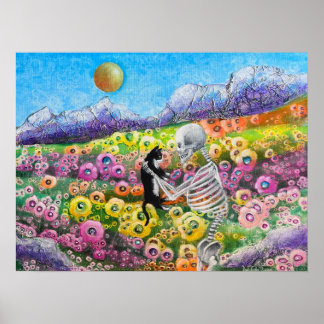 Skelett und Tuxedo Katze in Blume Liebe Poster