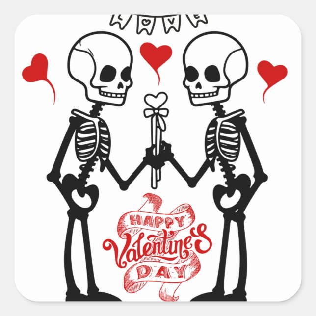 Skelett Valentinstag Aufkleber, Valentinstag Quadratischer Aufkleber (Vorderseite)