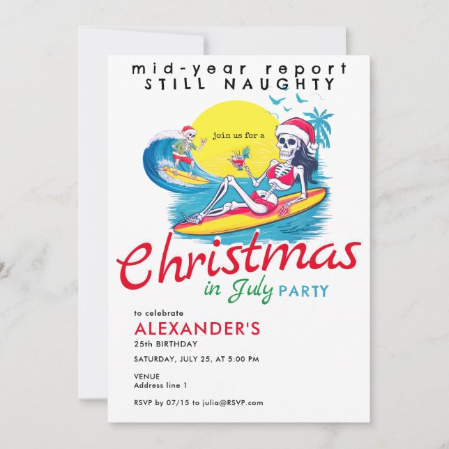 Skelett Weihnachten im Juli Beach Surf Naughty Einladung (Vorderseite)