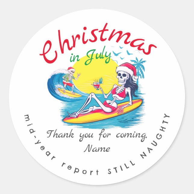 Skelett Weihnachten im Juli Beach Surf Naughty Runder Aufkleber (Vorderseite)