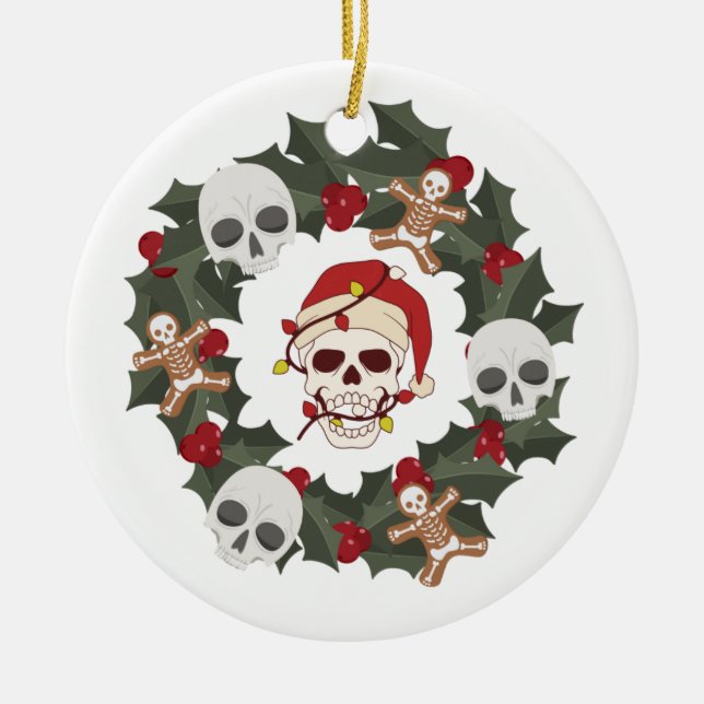 Skelett Weihnachtskranz auf einem Keramik Ornament (Vorne)