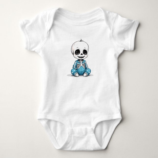 Skelettbaby in blauer Pyjama Baby Strampler (Vorderseite)