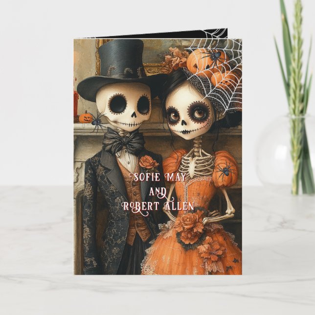 Skelette Schwarze Spinnen Halloween-Hochzeit Einladung (Vorderseite)