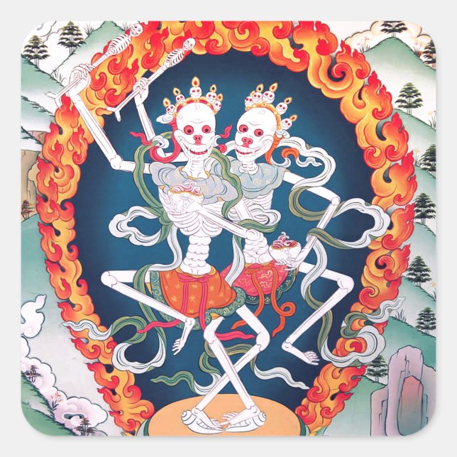 Skelette tanzen tibetisch-buddhistische Kunst Quadratischer Aufkleber (Vorderseite)