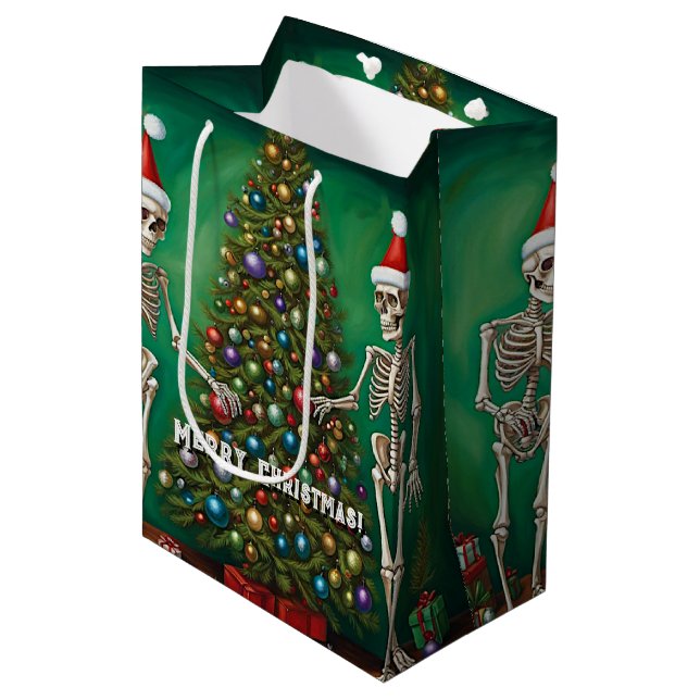 Skelette und farbenfrohe Ornamente Weihnachten Mittlere Geschenktüte (Vorderseite Schrägansicht)