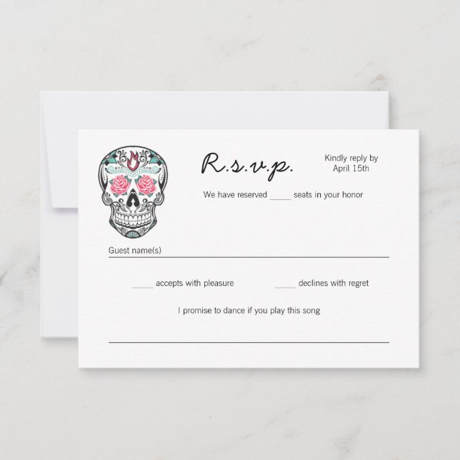 Skelette zum Tanzen von Zuckerkleidern Hochzeitska RSVP Karte (Vorderseite)