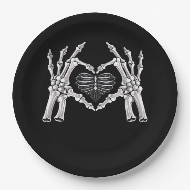 Skeletter Ribs Hand Heart Sign Pappteller (Vorderseite)