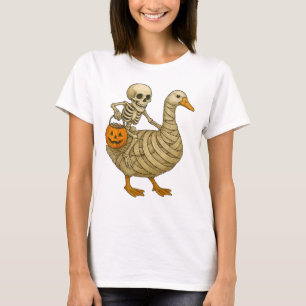 Skeletter Riding Mama Goose Halloween Funny Pumpki T-Shirt