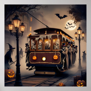 Skelettfahrgäste, die in der Luftseilbahn zwischen Poster