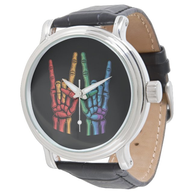 Skelettfelsen LGBTQ Rainbow Flag Gay Pride Armbanduhr (Schrägansicht)