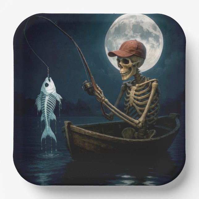 Skelettfischen in einem Holzrowboat Pappteller (Vorderseite)