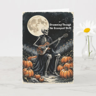 Skelettgitarrist auf Vollmond mit Pumpkins Karte