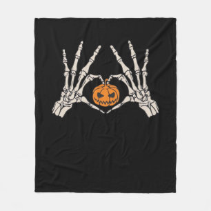 Skeletthand Herz und Kürbiskugel Funny Skull Hallo Fleecedecke