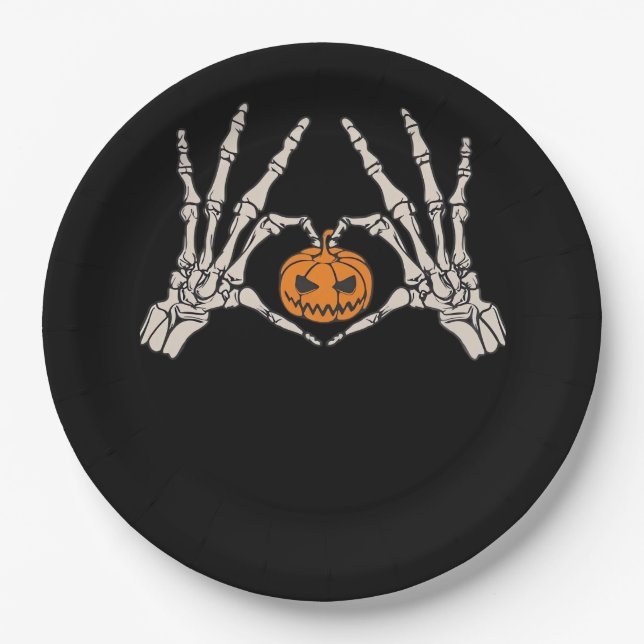 Skeletthand Herz und Kürbiskugel Funny Skull Hallo Pappteller (Vorderseite)