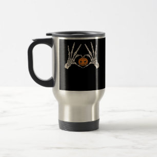 Skeletthand Herz und Kürbiskugel Funny Skull Hallo Reisebecher