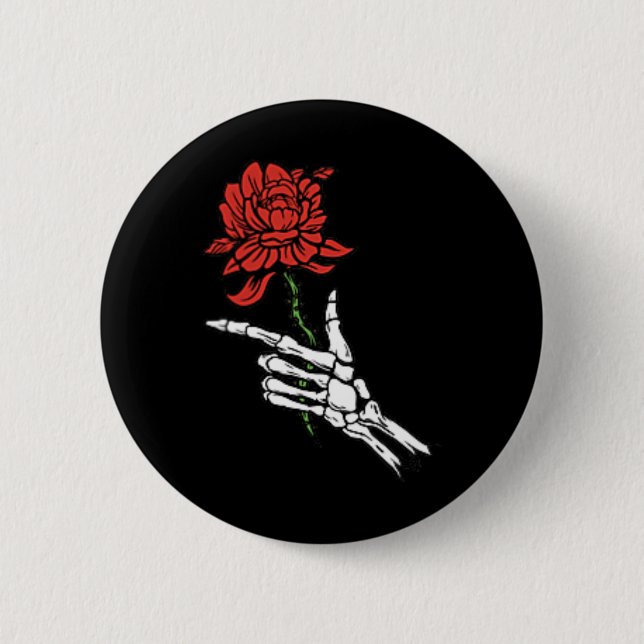 Skeletthand mit einer Rote Rose Button (Vorderseite)