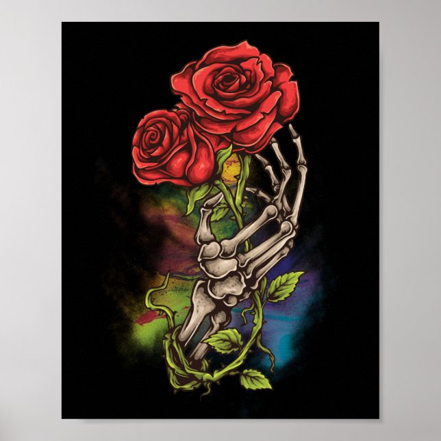Skeletthandschuh mit Tätowierungen für die Rose Bl Poster (Vorne)