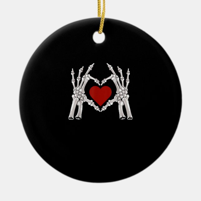 Skeletthandschuhe formen ein Herz mit rotem Herzen Keramik Ornament (Vorne)