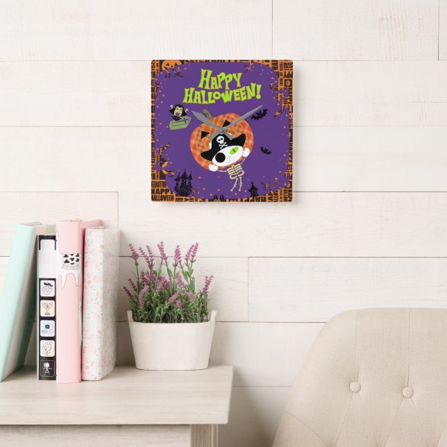 Skelettkatze Quadratische Wanduhr (Lesesaal)
