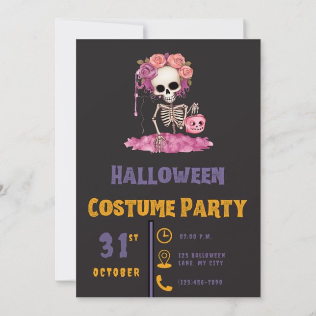 Skeletton Blume Krone der Rose Schwarzes Halloween Einladung (Vorderseite)