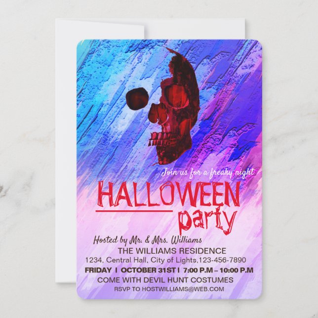 Skeletton Lila Halloween Wasserfarben Kunst Einladung (Vorderseite)